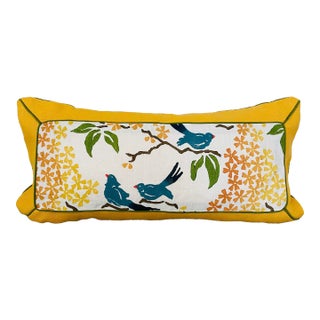 12” X 28” Galbraith & Paul Birds Lake on Logan White Linen Botanical Lumbar Pillow Cover For Sale