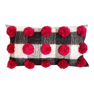 Chamula Gray White & Black Checkered Red PomPom Throw Pillow Handmade 100% Wool For Sale
