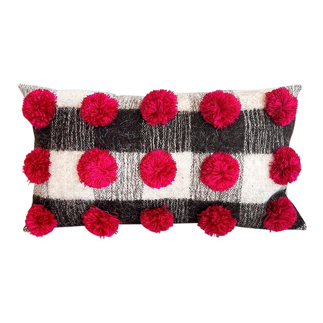 Chamula Gray White & Black Checkered Red PomPom Throw Pillow Handmade 100% Wool For Sale