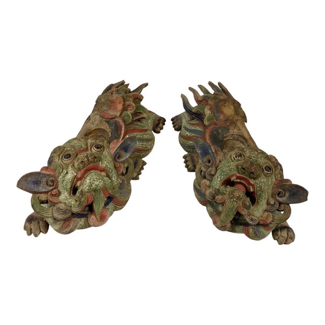 Mid 18th Century Hand Carved Temple Foo Dogs - a Pair For Sale
