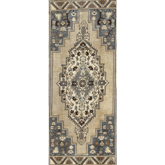 Vintage Turkish Medallion Oushak Rug in Rustic Blue, Mocha, and Taupe 7'2 X 12'9 For Sale - Image 4 of 8