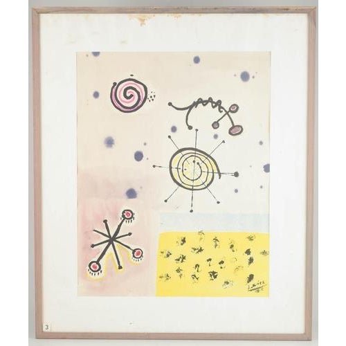 Unknown artist Watercolour, 1971. A poetic abstract composition with cosmic and biomorphic forms rendered in soft pastel...