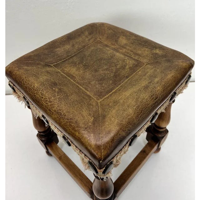 Brown Mid-Century Oak and Leather Stool in Spanish Style, 1970s For Sale - Image 8 of 12
