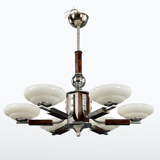 Art Deco Chrome and Wood Chandelier with Glass Shades, 1930s For Sale - Image 9 of 9