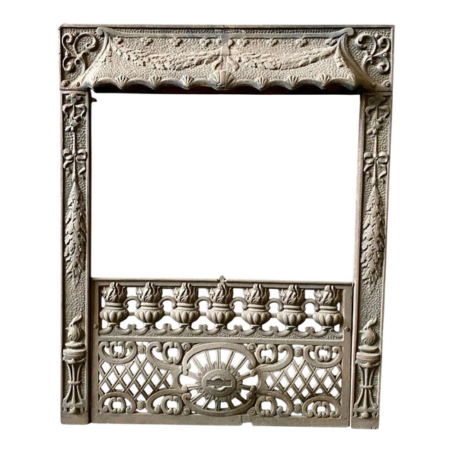 Antique Cast Iron Fireplace Insert Surround Neoclassical Urn and Floral Design For Sale