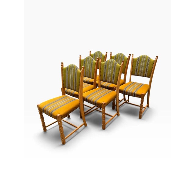 Yellow Set of Six Danish Oak Dining Chairs by Henning Kjærnulf For Sale - Image 8 of 18