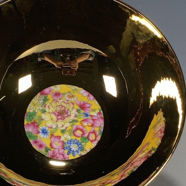 Ceramic Chinese Yellow Ground Millefleur Porcelain Bowl With Gilt Interior For Sale - Image 7 of 9