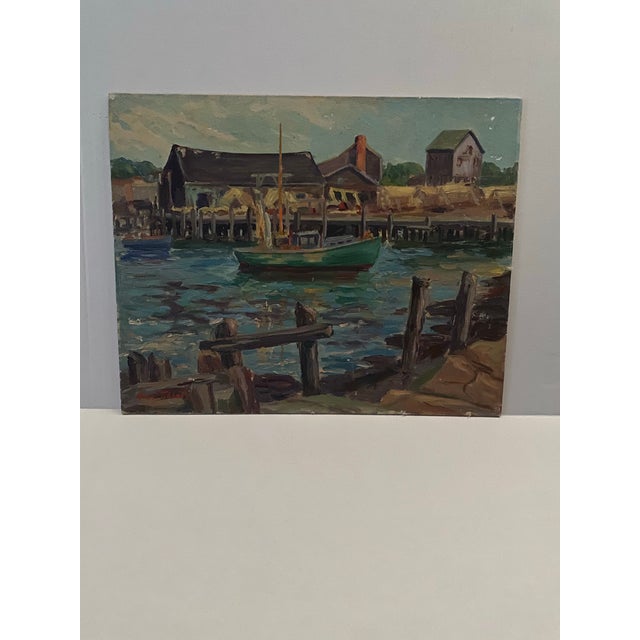 Vintage Signed Maritime Habor Oil Painting Harbor Scene With a Boat For Sale - Image 12 of 12