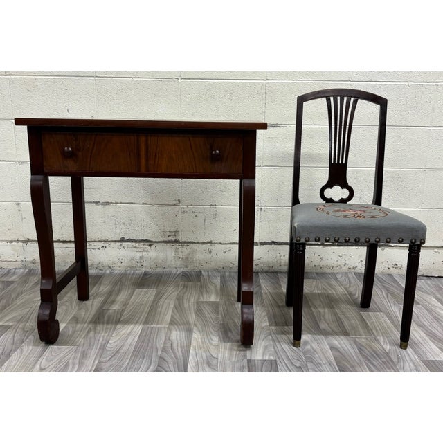 Brown Antique American Empire Mahogany Writing Desk With Lyre Back Needlepoint Chair For Sale - Image 8 of 13