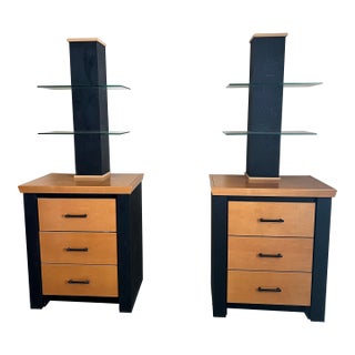 Late 20th Century Postmodern Blond Wood and Black Lacquered Nightstands With Glass Display Shelves - A Pair For Sale