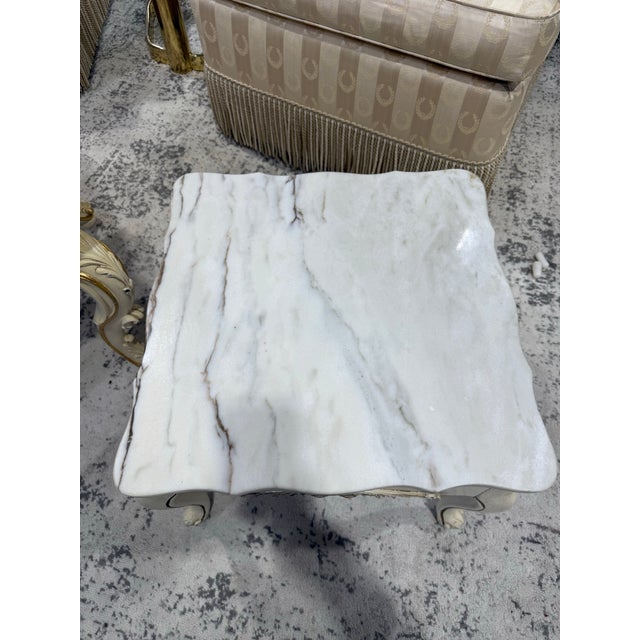 1960s French Louis XV Style Vintage Pair Marble Top Low End Tables For Sale - Image 5 of 11