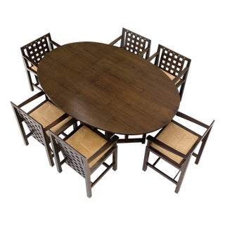 Late 20th Century Brown Oak Cassina Macintosh Drop Leaf Dining Table 6 Rush Seat Chairs Set Mint For Sale