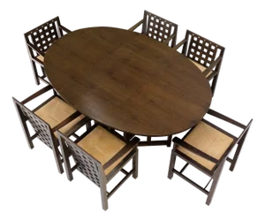Late 20th Century Brown Oak Cassina Macintosh Drop Leaf Dining Table 6 Rush Seat Chairs Set Mint