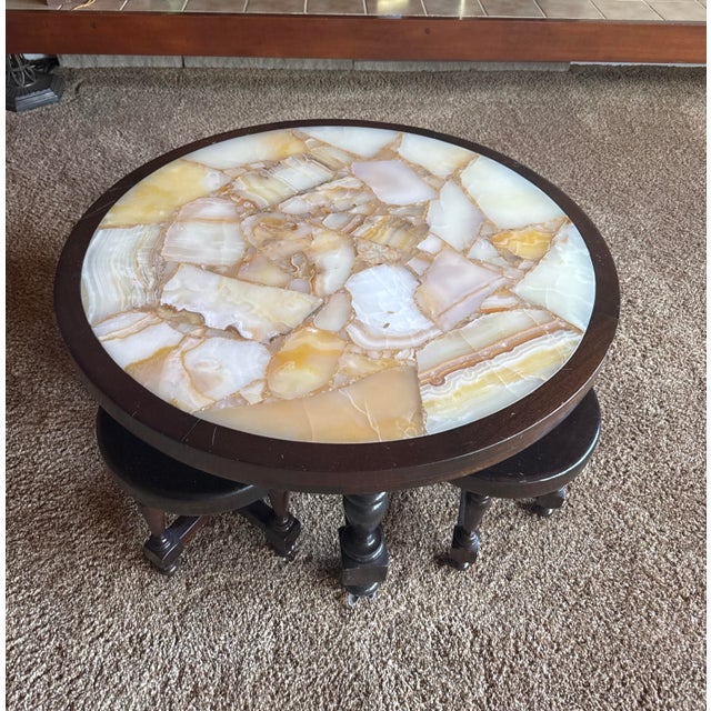 Vintage Onyx Stone Top Coffee Table With Nesting Stools For Sale - Image 10 of 12
