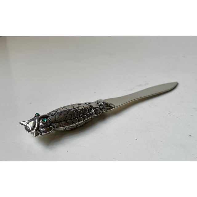 Art Deco Gem Set Owl Letter Opener in Silver Plate, 1930s For Sale - Image 4 of 9