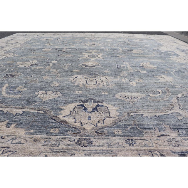 Turkish Angora Oushak Rug With Steel Blue Field and Light Gray Border For Sale - Image 10 of 14