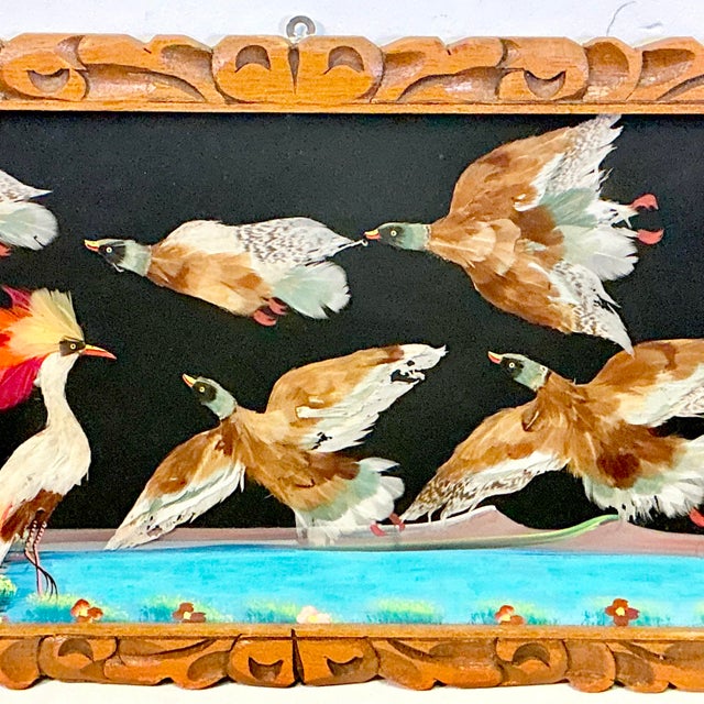 1950s 1950s Vintage Mexican Folk Art Original Feather Bird Mixed Media Acrylic Painting. For Sale - Image 5 of 10