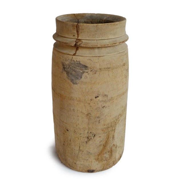 Beautiful old Lassi wood pots from India. Wonderful utilitarian objects for display. Attractive sun bleached teak wood...