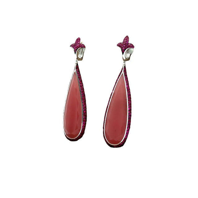 Contemporary Rose Quartz Ruby 18k White Gold Drop Dangle Earrings- Set of 2 For Sale - Image 3 of 5