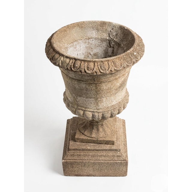 Pair of Neoclassical Style Weathered Cast Stone Campana Urns on Pedestals For Sale - Image 4 of 12