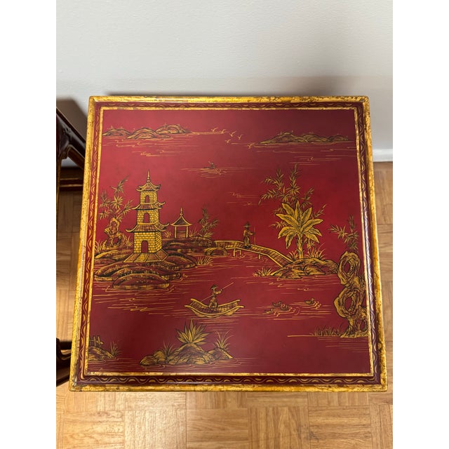 Vintage Asian Style Red Lacquer Chinoiserie Side Tables – Pair For Sale - Image 10 of 10