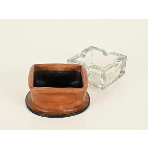 Curved Leather and Crystal Ashtray by Jacques Adnet, Italy, 1950s For Sale - Image 9 of 12