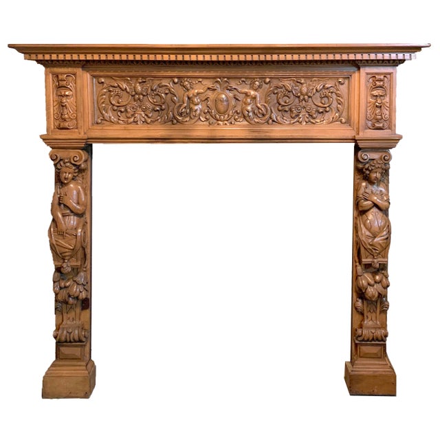 Renaissance Revival Style Carved Oak Mantel With Eagles, Rams Heads, Mermaids, Cherubim and "Green Men" For Sale - Image 9 of 9