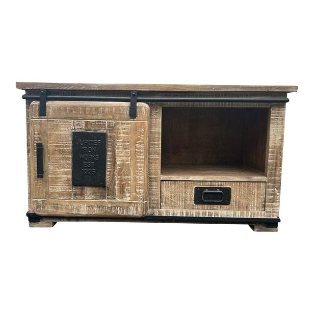 Industrial Sliding Door Media Cabinet in Reclaimed Style Wood For Sale