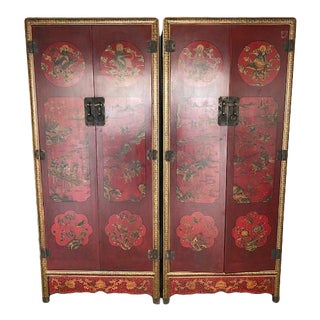 19th Century Chinese Antique Red Armoires with Shelves - a Pair For Sale