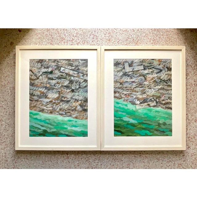 Late 20th Century Vintage Abstract Expressionist Green Landscape Paintings, Pair For Sale - Image 5 of 13