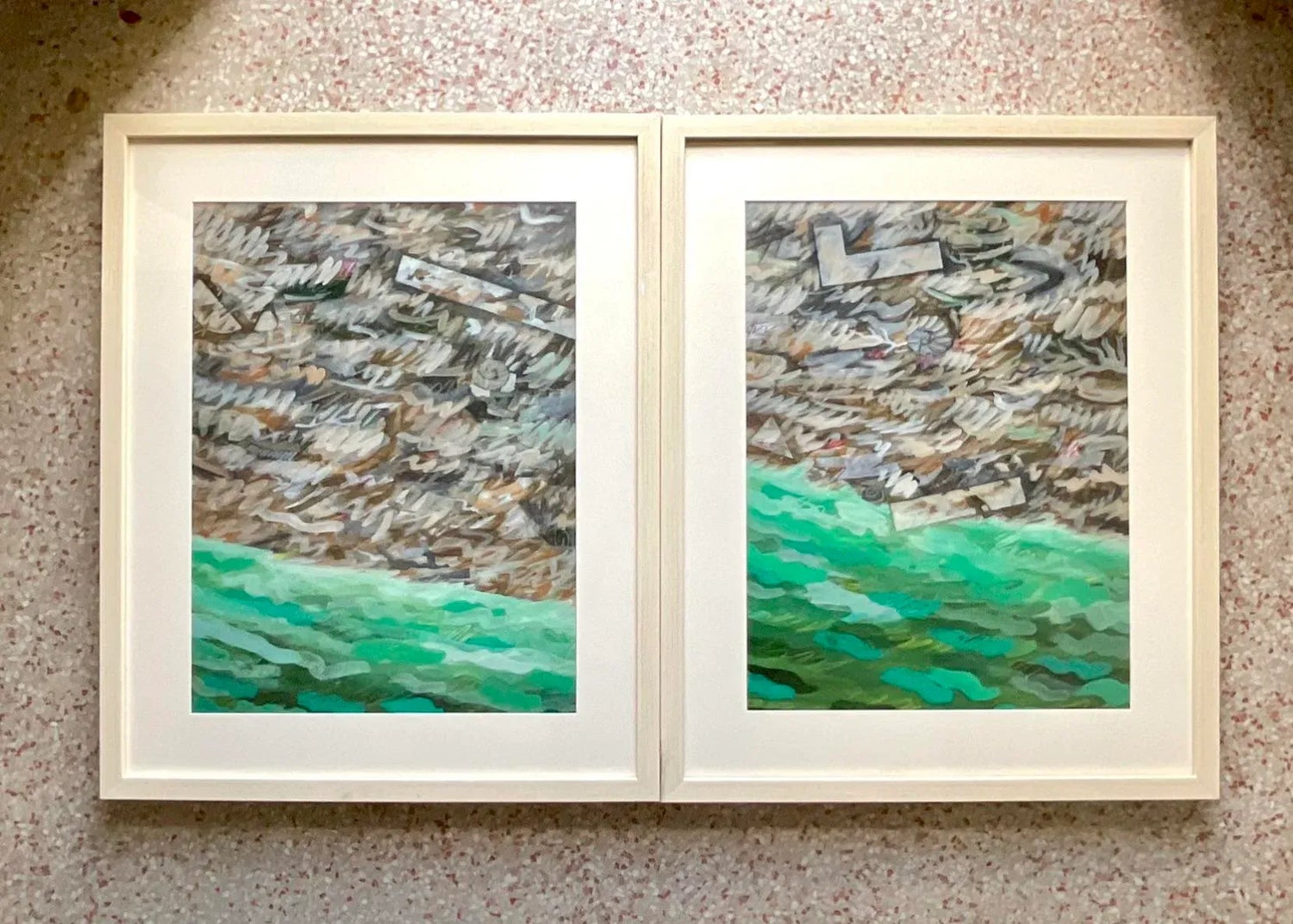 Vintage Boho Original Oil on Paper Abstract Painting - a Pair - Top view