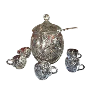 Hand-Cut Crystal Vase Set with Lid and 5 Cups, 1970s, Set of 8