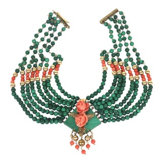 Early 20th Century 14k Gold Eight Strand Malachite, Coral Collar Necklace-Stunning For Sale