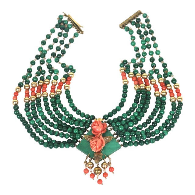 Early 20th Century 14k Gold Eight Strand Malachite, Coral Collar Necklace-Stunning For Sale