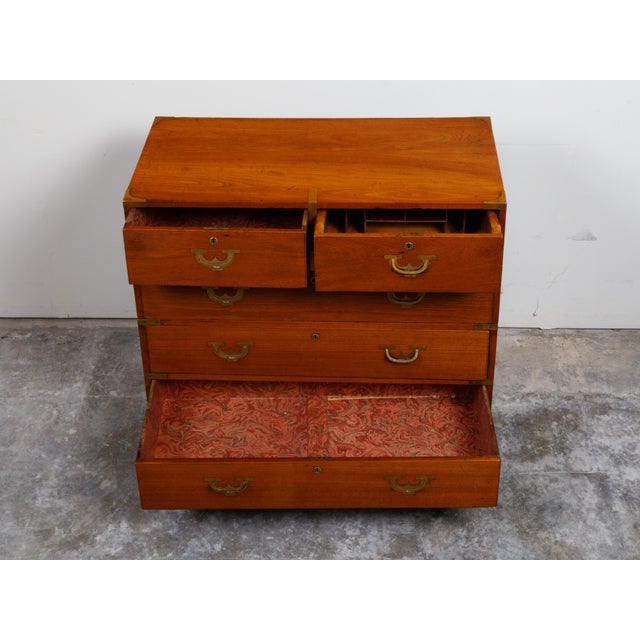 English 19th Century Teak Campaign Chest with Five Drawers and Brass Hardware For Sale - Image 10 of 12