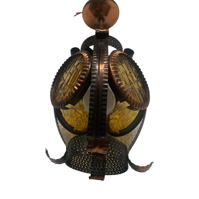 Vintage Hanging Lamp in Metal and Copper with Honey Glass, 1970s For Sale