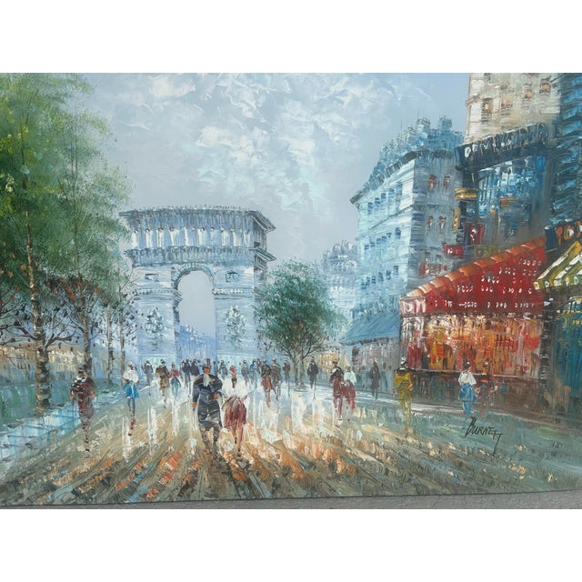 This artwork is an original oil painting by American artist Caroline Burnett depicting a classic Parisian street scene...