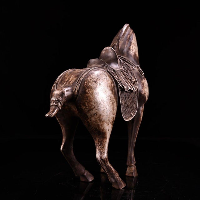 Copper Solid Copper Silvered Galloping Horse Statue (Zhaocai Ma) - Gilt Silver Bronze Horse Figurine With Ornate Saddle For Sale - Image 8 of 10