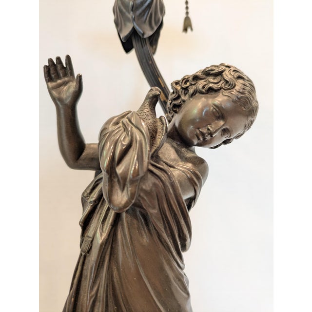 Antique Bronze Lamp Featuring a Girl Holding a Dove by A. Messina For Sale - Image 12 of 14