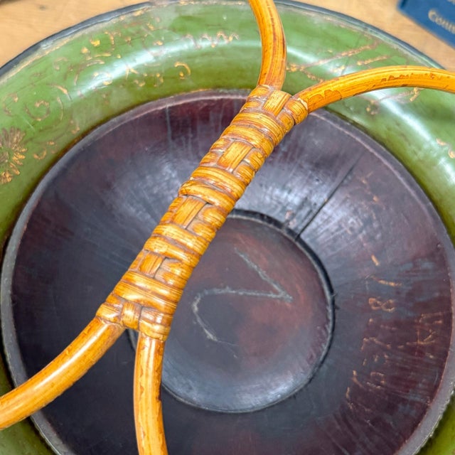 Brown, Green & Yellow Polychrome Basket with Rattan Handle For Sale - Image 16 of 17