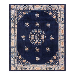 1920s Classic Floral Medallion Navy Blue Background Antique Chinese Peking Rug For Sale