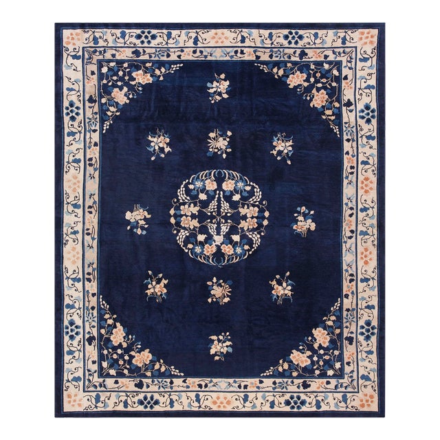 1920s Classic Floral Medallion Navy Blue Background Antique Chinese Peking Rug For Sale