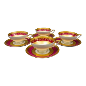 Mid 20th Century Dw Porzellan Karlsbader Wertarbeit Fuchsia Gold Encrusted Cup & Saucer Set- 8 Pieces