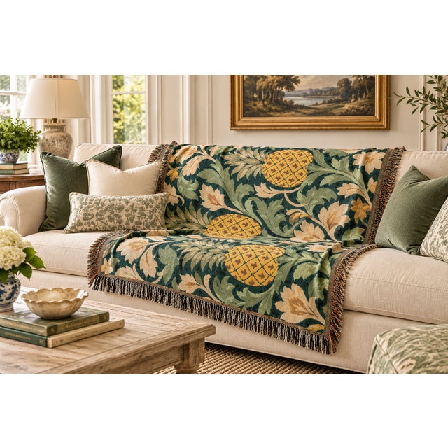Morris & Co. Arts & Crafts Pineapple Botanical Woven Throw Blanket – Green & Gold, 60 × 50 For Sale - Image 4 of 5