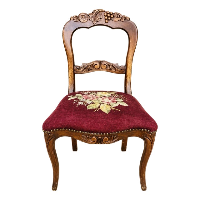 1940-1950’s French Provincial / Country French Carved Needlepoint Mahogany Dining Chair For Sale