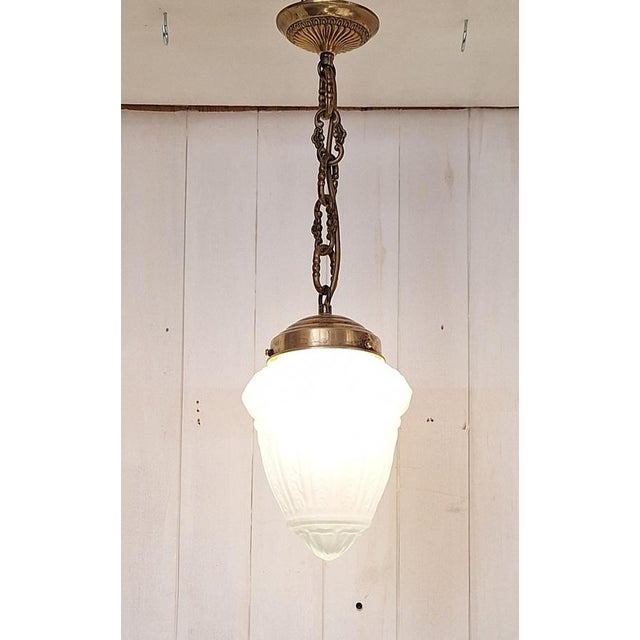 Antique French Teardrop Lamp with Frosted Relief Glass Shade on Brass Mount, 1900s For Sale - Image 4 of 9