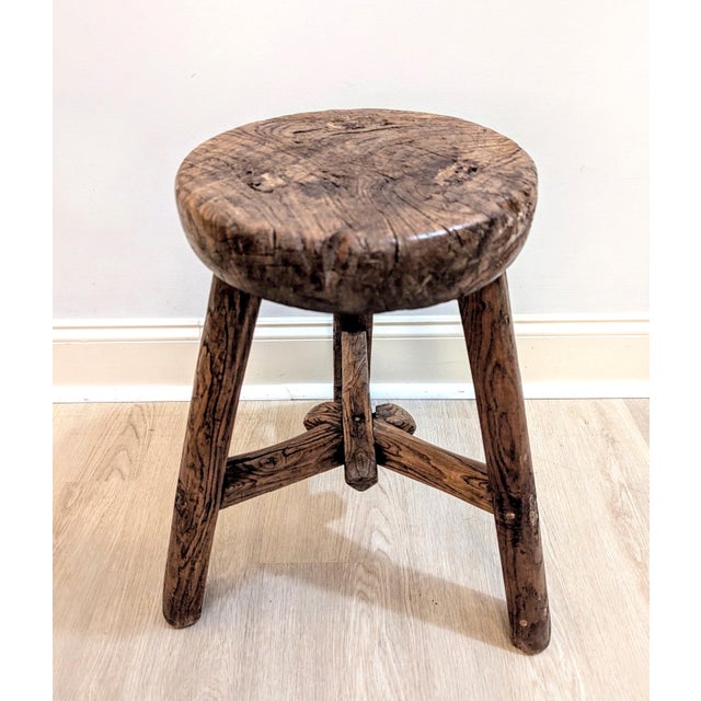 Antique Primitive Chinese Elm Wood Stool - 1920s Wabi-Sabi For Sale - Image 4 of 13
