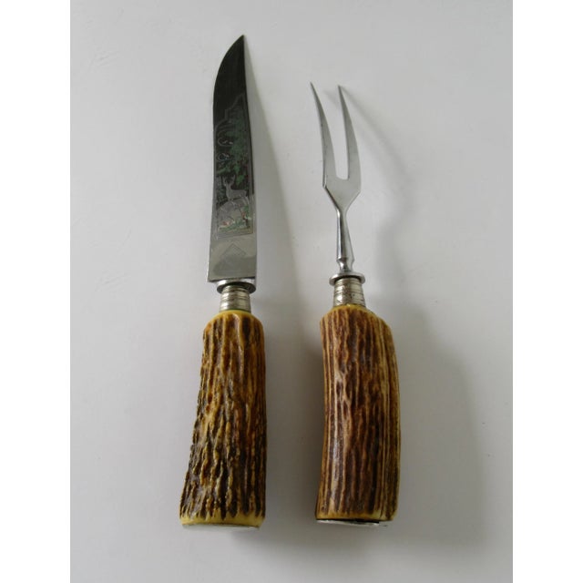Metal Vintage Solingen Germany Stag Handled Cutlery Serving Knife & Fork - 2 Pcs. For Sale - Image 7 of 13