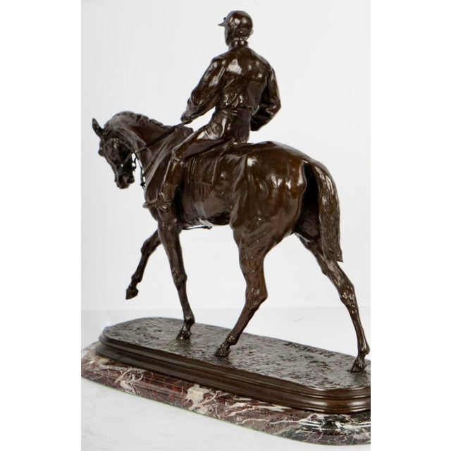 Mid 19th Century Pierre-Jules Mêne Style Equestrian Bronze Sculpture of Rider on Horse With Rouge Marble Base For Sale - Image 10 of 10