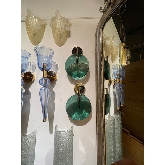 Brass Pair of Green Murano Lollipop Disc Sconces For Sale - Image 8 of 8